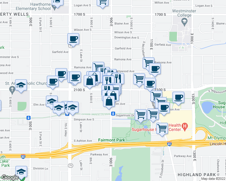 map of restaurants, bars, coffee shops, grocery stores, and more near 880 East 2100 South in Salt Lake City