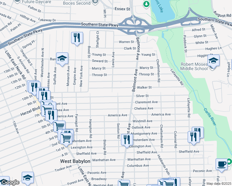map of restaurants, bars, coffee shops, grocery stores, and more near 265 Silver Street in West Babylon