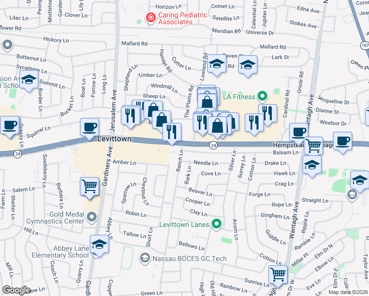 map of restaurants, bars, coffee shops, grocery stores, and more near 10 Balsam Lane in Levittown