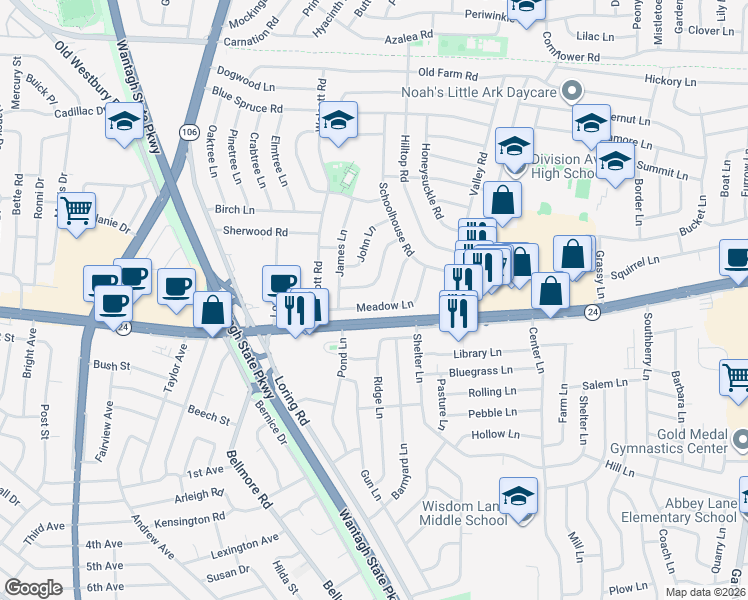map of restaurants, bars, coffee shops, grocery stores, and more near 42 Meadow Lane in Levittown
