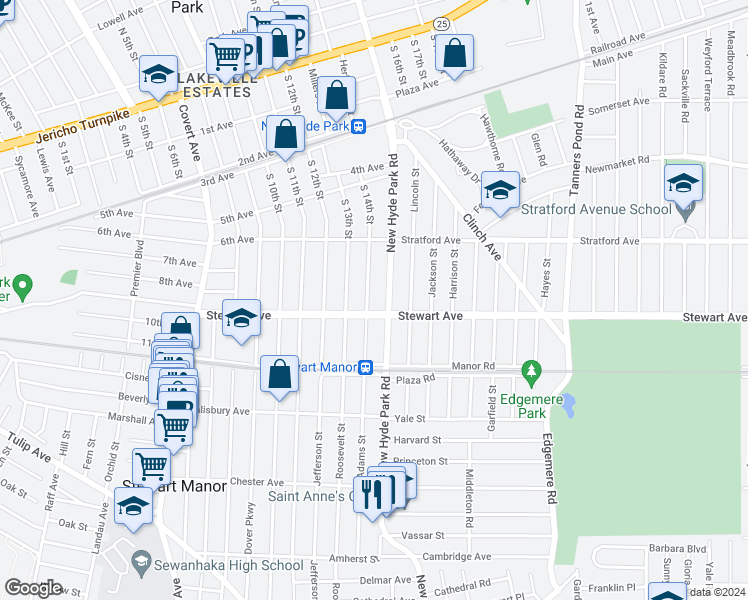 map of restaurants, bars, coffee shops, grocery stores, and more near 79 Stewart Avenue in Garden City