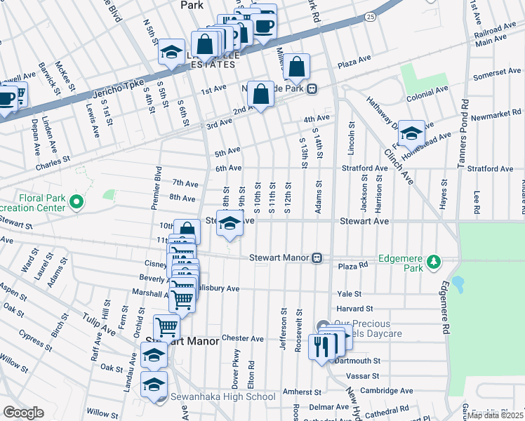 map of restaurants, bars, coffee shops, grocery stores, and more near 61 Stewart Avenue in Stewart Manor