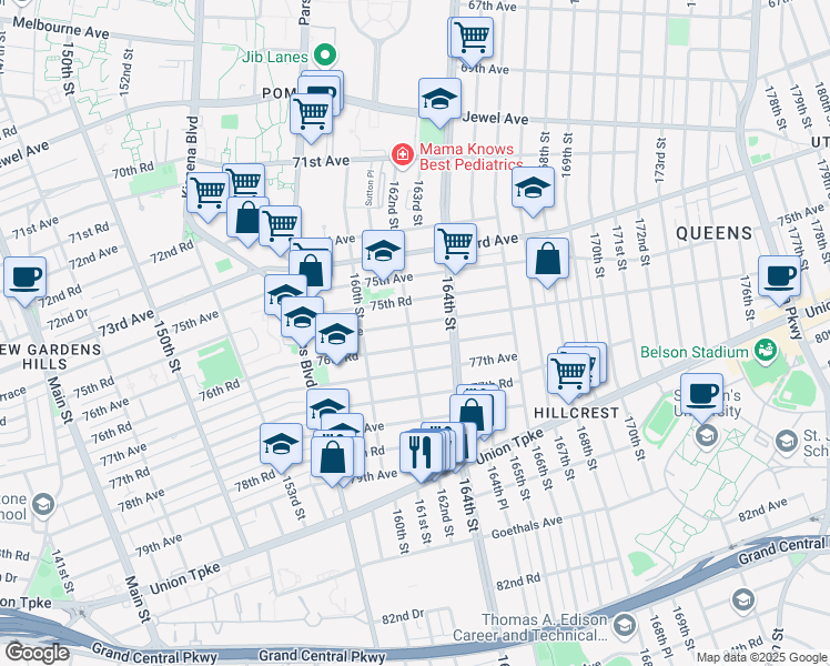 map of restaurants, bars, coffee shops, grocery stores, and more near 162-17 76th Road in Queens