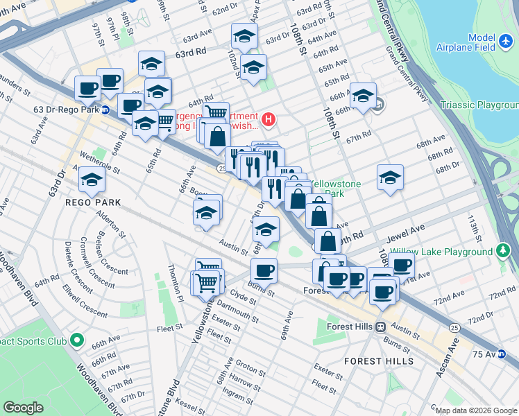 map of restaurants, bars, coffee shops, grocery stores, and more near 67-50 Booth Street in Queens