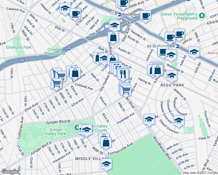 map of restaurants, bars, coffee shops, grocery stores, and more near 62-25 84th Street in Queens