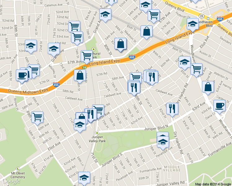 map of restaurants, bars, coffee shops, grocery stores, and more near 60-03 77th Place in Queens