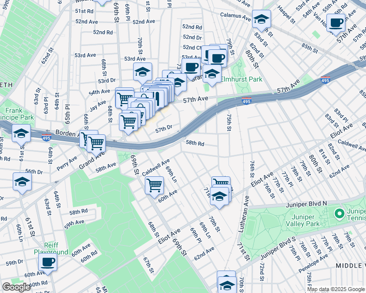 map of restaurants, bars, coffee shops, grocery stores, and more near 58-41 Mazeau Street in Queens