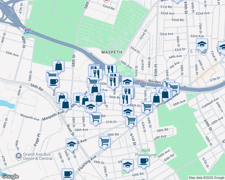 map of restaurants, bars, coffee shops, grocery stores, and more near in Queens