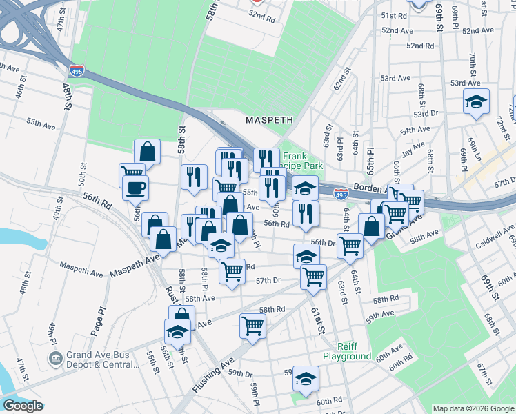 map of restaurants, bars, coffee shops, grocery stores, and more near 59-20 56th Avenue in Queens