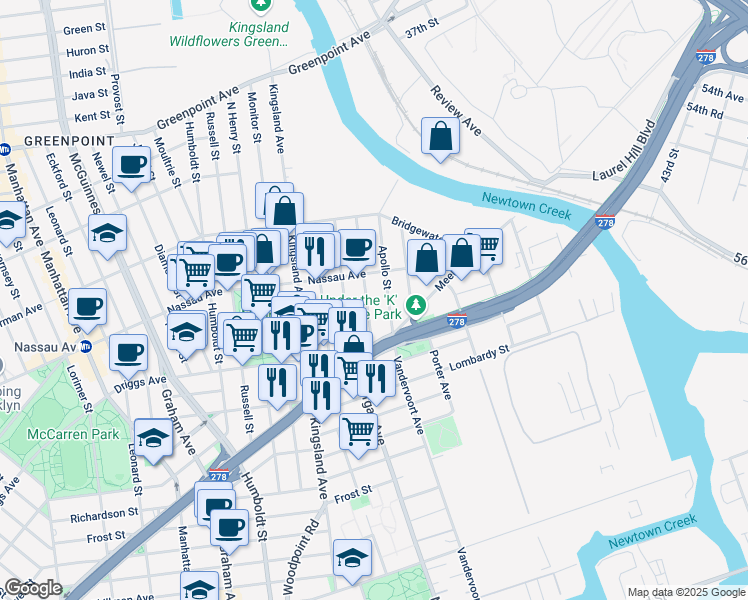 map of restaurants, bars, coffee shops, grocery stores, and more near 23A Apollo Street in Brooklyn