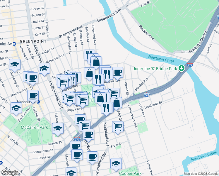 map of restaurants, bars, coffee shops, grocery stores, and more near 61 Sutton Street in Brooklyn