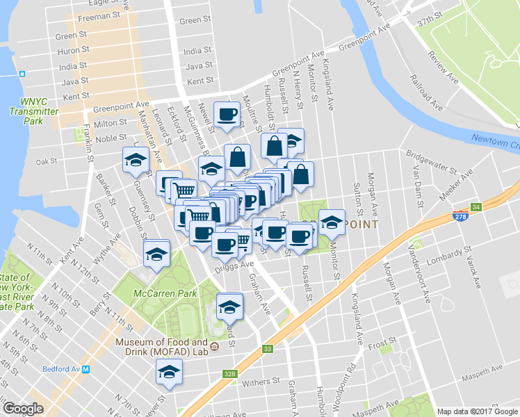 map of restaurants, bars, coffee shops, grocery stores, and more near 147 Nassau Avenue in Brooklyn