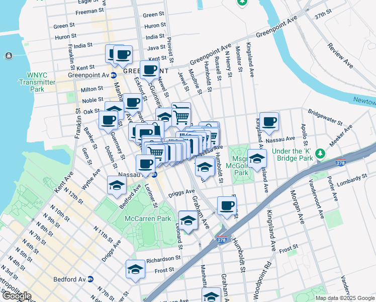 map of restaurants, bars, coffee shops, grocery stores, and more near 128 Nassau Avenue in Brooklyn