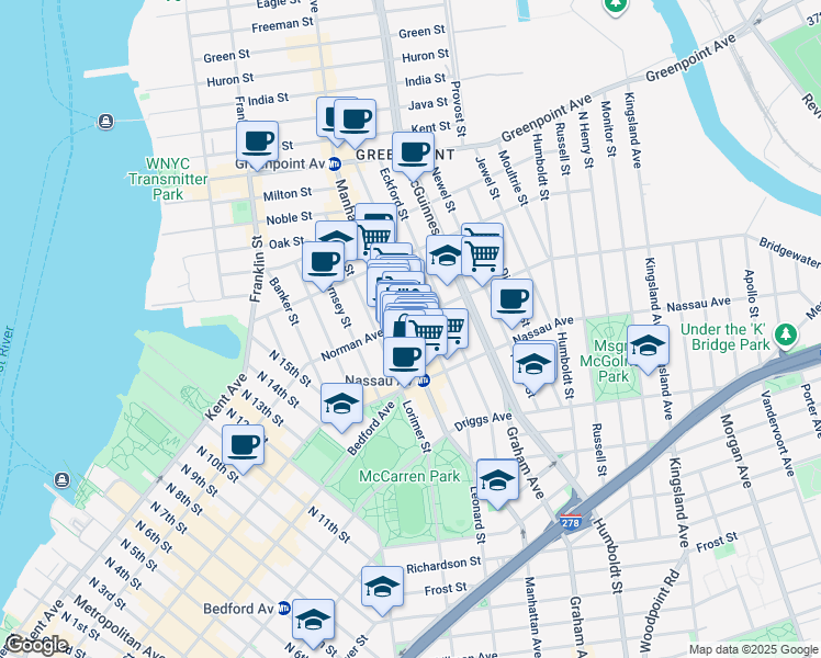 map of restaurants, bars, coffee shops, grocery stores, and more near 680 Manhattan Avenue in Brooklyn