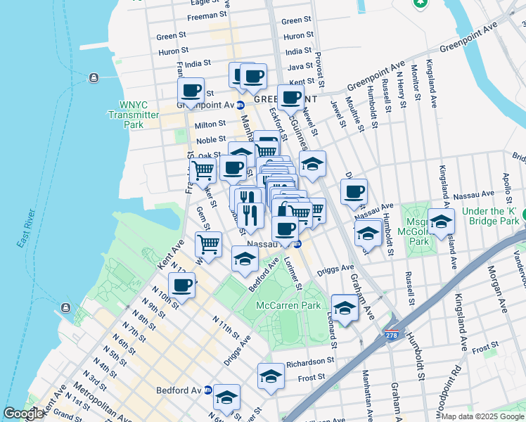 map of restaurants, bars, coffee shops, grocery stores, and more near 62 Norman Avenue in Brooklyn