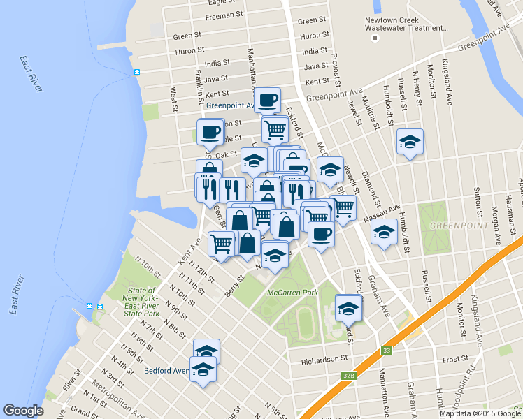 map of restaurants, bars, coffee shops, grocery stores, and more near 33 Norman Avenue in Brooklyn