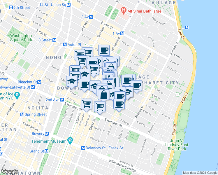 map of restaurants, bars, coffee shops, grocery stores, and more near 79 Avenue A in New York