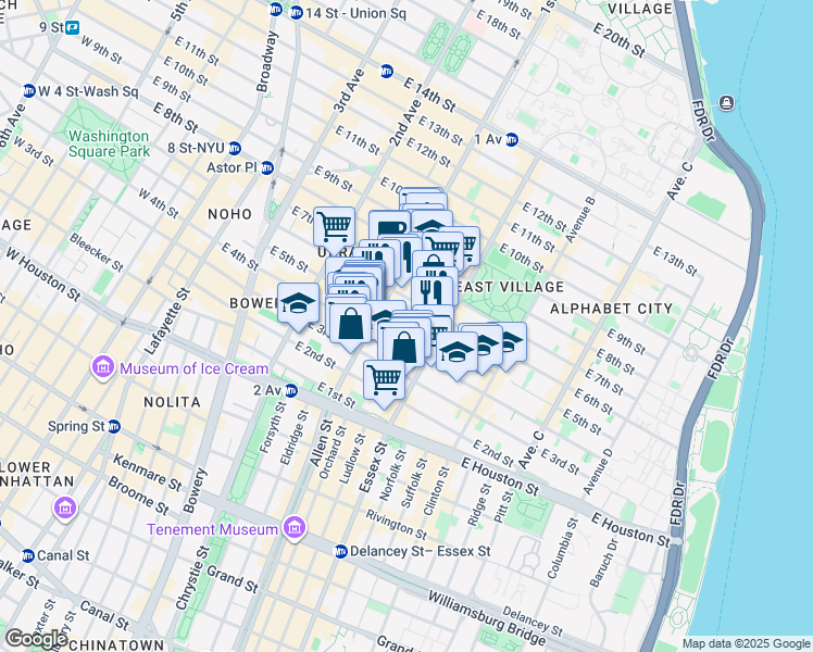 map of restaurants, bars, coffee shops, grocery stores, and more near 155 East 4th Street in New York