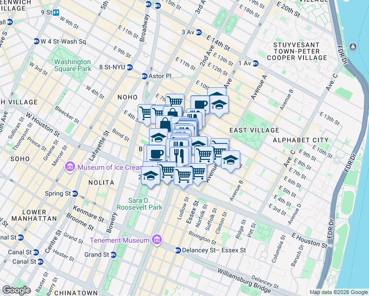 map of restaurants, bars, coffee shops, grocery stores, and more near 57 1st Avenue in New York