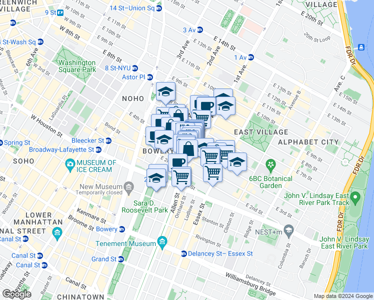 map of restaurants, bars, coffee shops, grocery stores, and more near 57 1st Avenue in New York