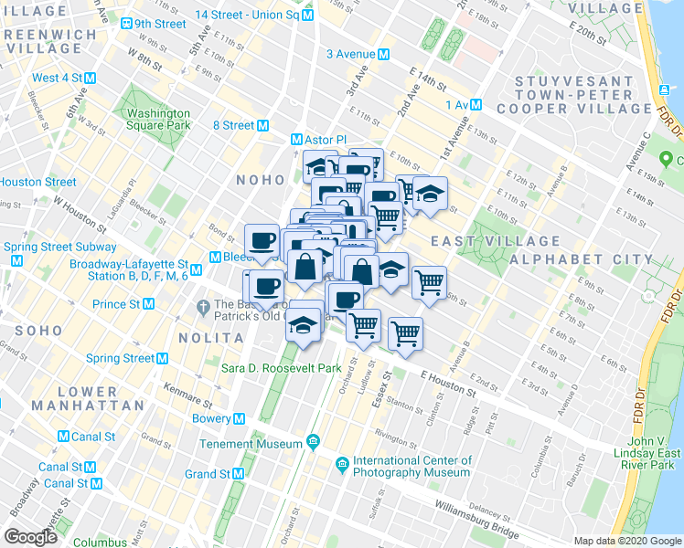 map of restaurants, bars, coffee shops, grocery stores, and more near in New York