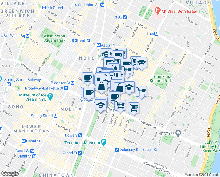map of restaurants, bars, coffee shops, grocery stores, and more near in New York