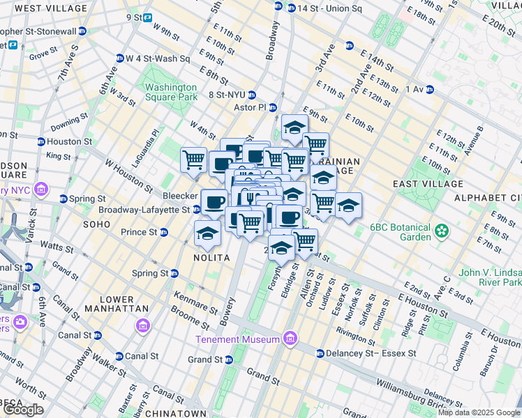 map of restaurants, bars, coffee shops, grocery stores, and more near 319 Bowery in New York