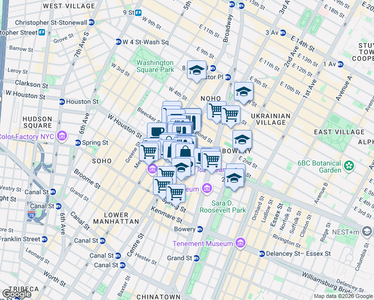 map of restaurants, bars, coffee shops, grocery stores, and more near 324-328 Lafayette Street in New York
