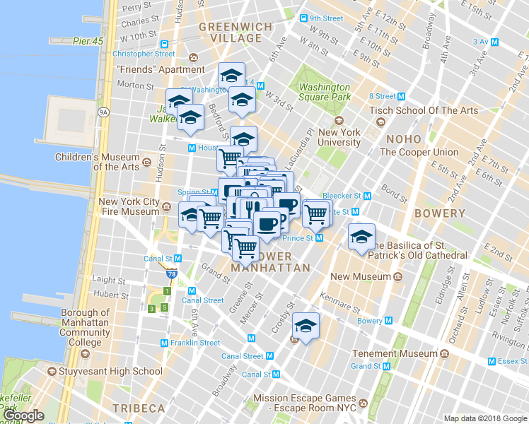 map of restaurants, bars, coffee shops, grocery stores, and more near 423 West Broadway in New York