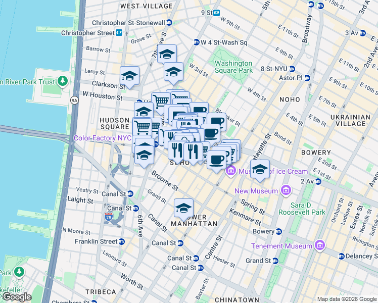 map of restaurants, bars, coffee shops, grocery stores, and more near 423 West Broadway in New York