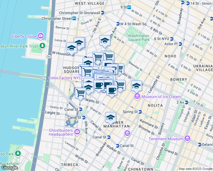 map of restaurants, bars, coffee shops, grocery stores, and more near in New York