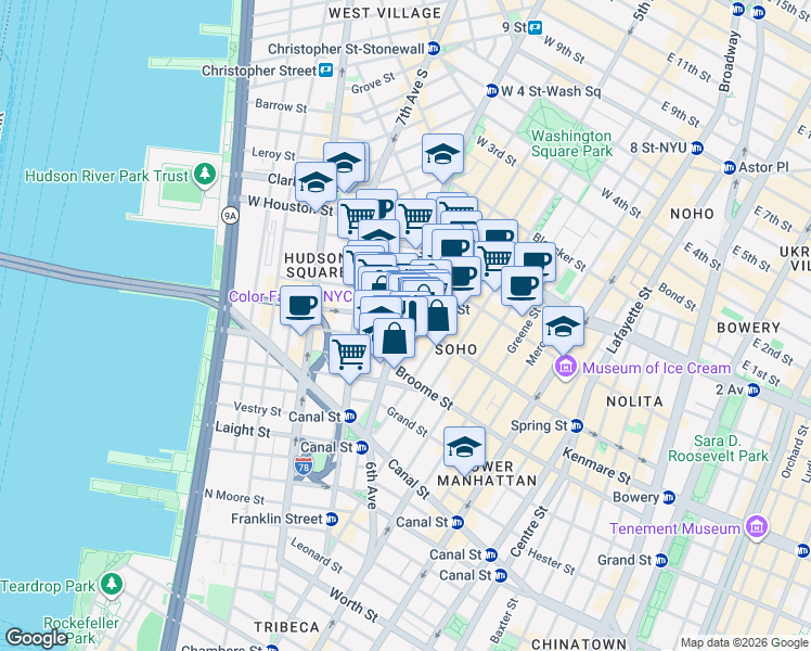 map of restaurants, bars, coffee shops, grocery stores, and more near 126 6th Avenue in New York