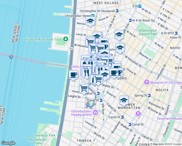map of restaurants, bars, coffee shops, grocery stores, and more near 38 Dominick Street in New York