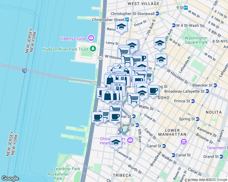 map of restaurants, bars, coffee shops, grocery stores, and more near 15 Renwick Street in New York