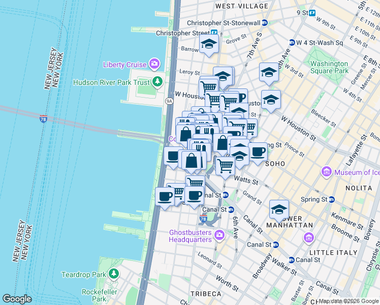 map of restaurants, bars, coffee shops, grocery stores, and more near 15 Renwick Street in New York
