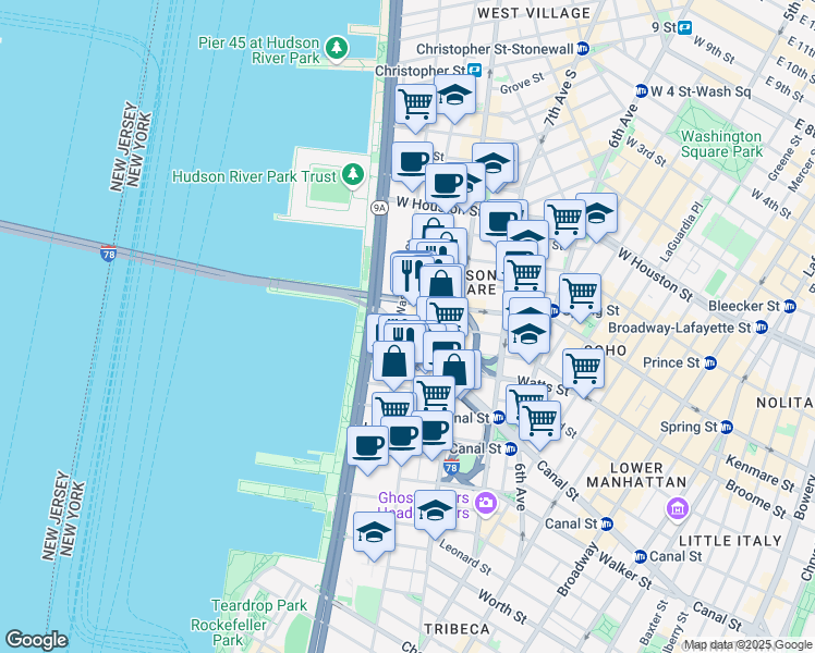 map of restaurants, bars, coffee shops, grocery stores, and more near 471 Washington Street in New York