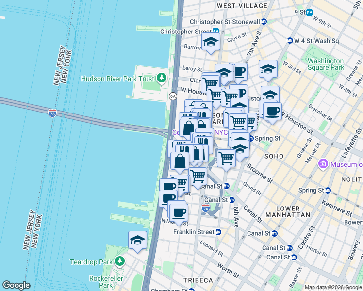 map of restaurants, bars, coffee shops, grocery stores, and more near 471 Washington Street in New York