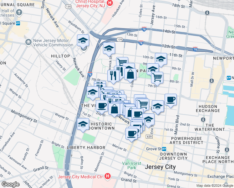 map of restaurants, bars, coffee shops, grocery stores, and more near 437 Monmouth Street in Jersey City