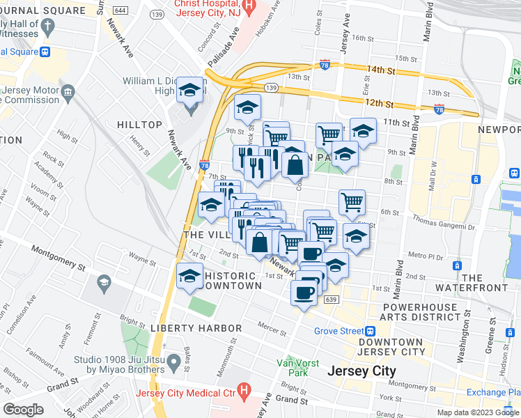 map of restaurants, bars, coffee shops, grocery stores, and more near 437 Monmouth Street in Jersey City