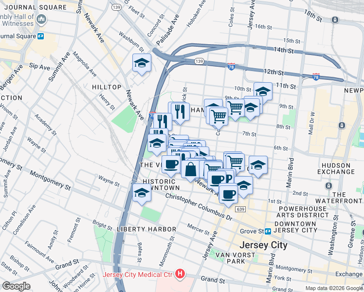 map of restaurants, bars, coffee shops, grocery stores, and more near in Jersey City