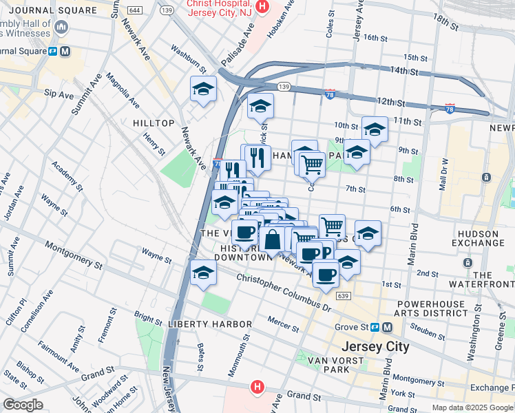 map of restaurants, bars, coffee shops, grocery stores, and more near in Jersey City