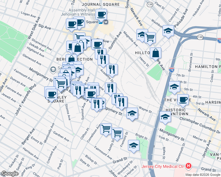 map of restaurants, bars, coffee shops, grocery stores, and more near 257 Cornelison Avenue in Jersey City