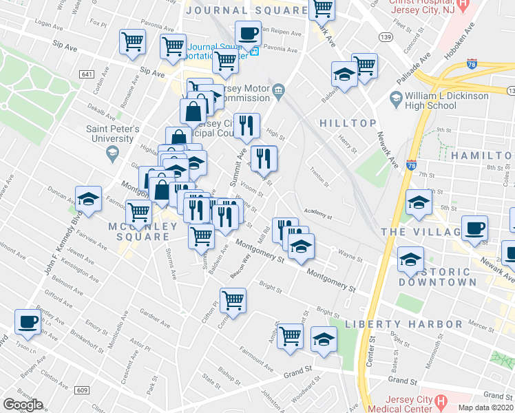 map of restaurants, bars, coffee shops, grocery stores, and more near 9 Gray Street in Jersey City