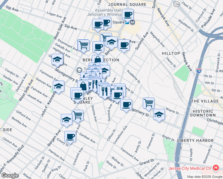 map of restaurants, bars, coffee shops, grocery stores, and more near 678 Montgomery Street in Jersey City