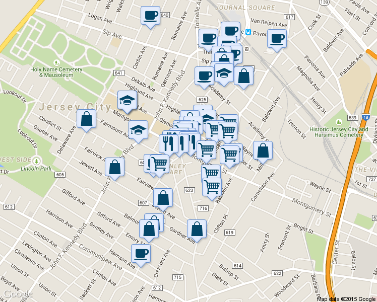 map of restaurants, bars, coffee shops, grocery stores, and more near 740 Bergen Avenue in Jersey City