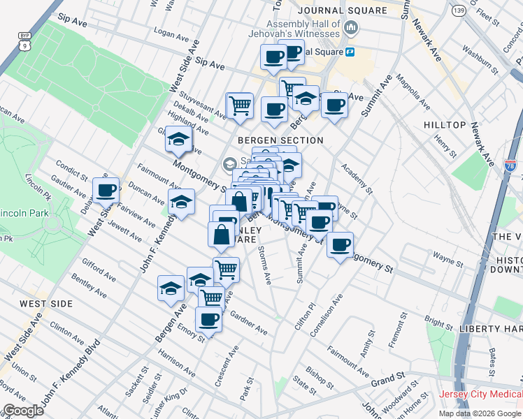 map of restaurants, bars, coffee shops, grocery stores, and more near 740A Bergen Avenue in Jersey City