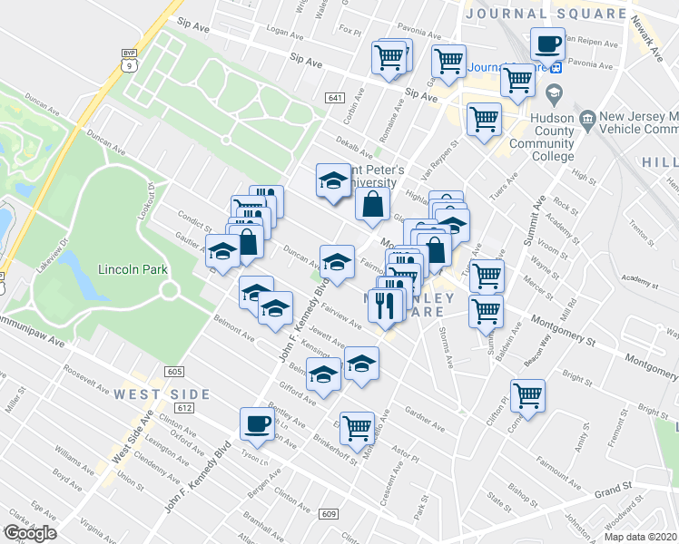 map of restaurants, bars, coffee shops, grocery stores, and more near 75 Duncan Court in Jersey City