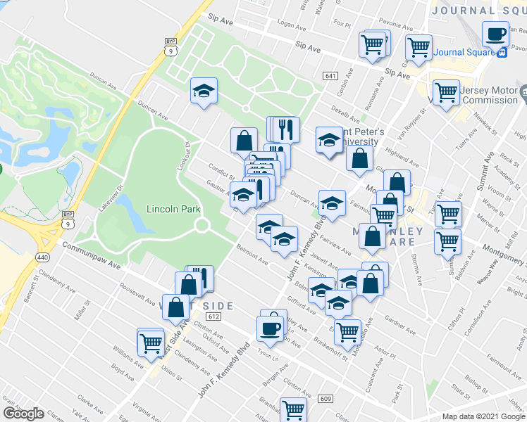 map of restaurants, bars, coffee shops, grocery stores, and more near 720 West Side Avenue in Jersey City