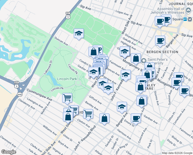 map of restaurants, bars, coffee shops, grocery stores, and more near 720 West Side Avenue in Jersey City