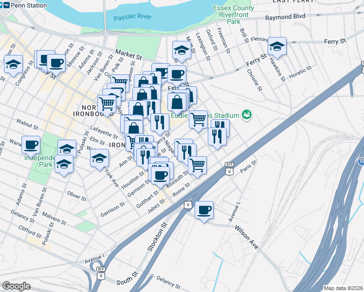 map of restaurants, bars, coffee shops, grocery stores, and more near 57-85 Komorn Street in Newark